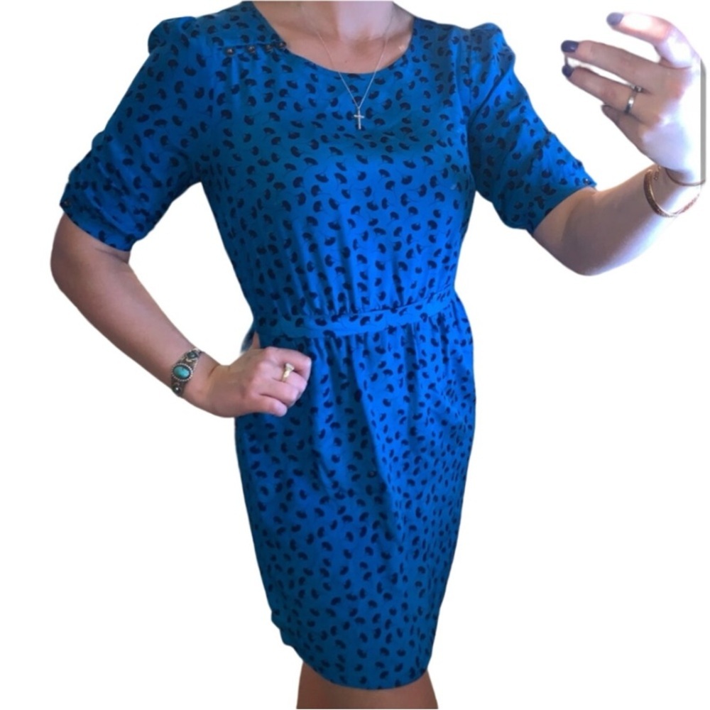 Forever 21 Blue Black Floral Patterned Short Sleeve Belted Dress Sz S
